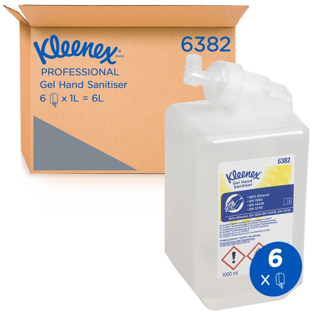 Kleenex Alcohol Hand Sanitiser Gel 6382 - 6 x 1 Litre Clear Hand Sanitiser Refills (6 Litres Total)