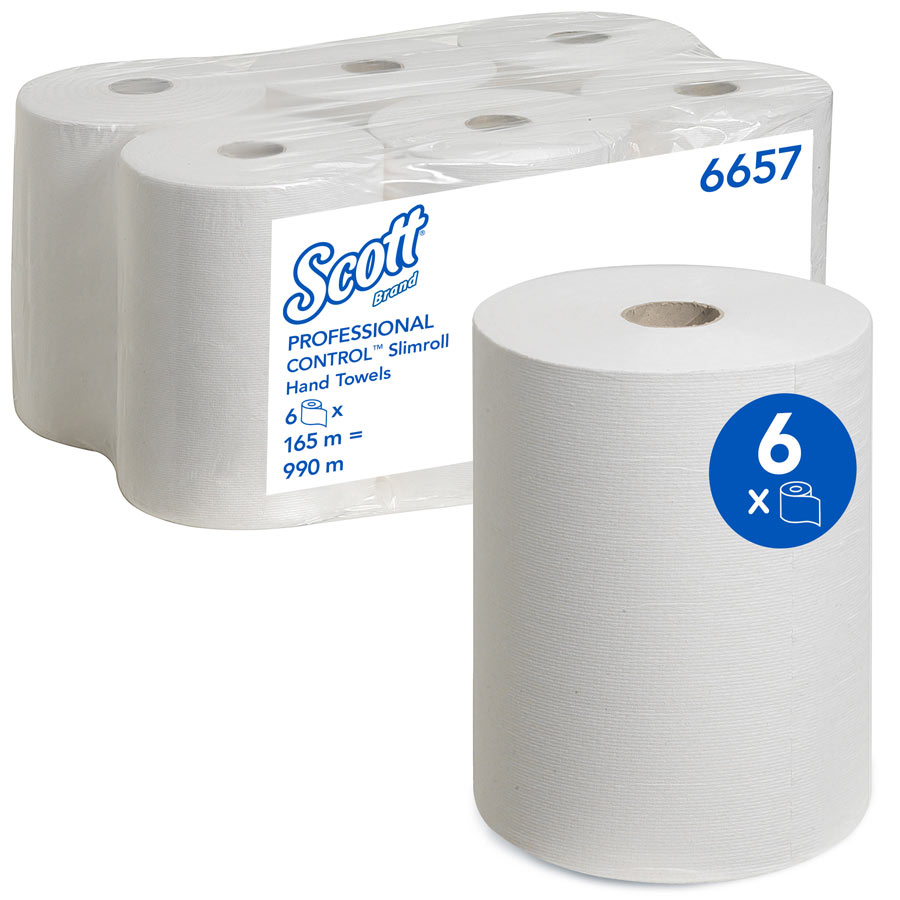 Scott Slimroll Hand Towels 6657 - 6 x 165m white, 1 ply rolls - Deb ...