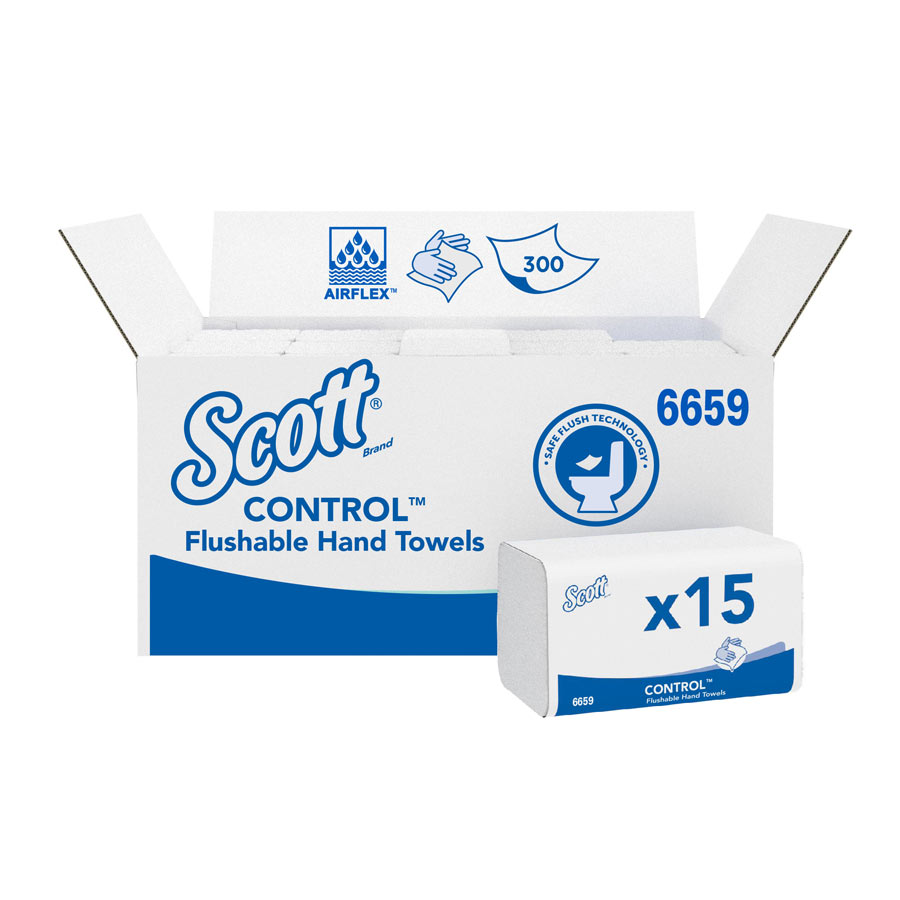 Scott Control Flushable Folded Hand Towels 6659 - 15 packs x 300 white, 1 ply sheets.