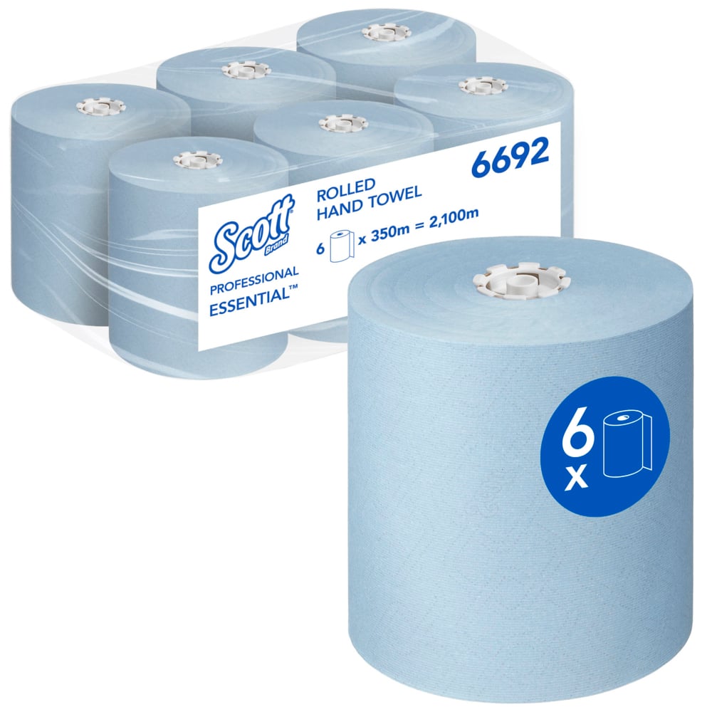 Scott Essential Rolled Hand Towels 6692 - Blue Paper Towels - 6 x 350m Paper Towel Rolls (2,100m total)