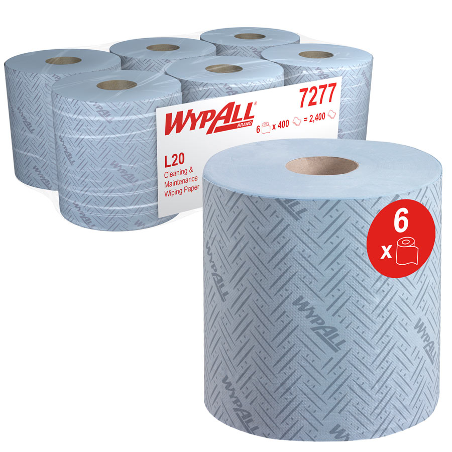 WypAll L20 Cleaning and Maintenance Blue Wiping Paper 7277 - 2 Ply Centrefeed Rolls - 6 Blue Rolls x 400 Paper Wipers (2,400 Total)