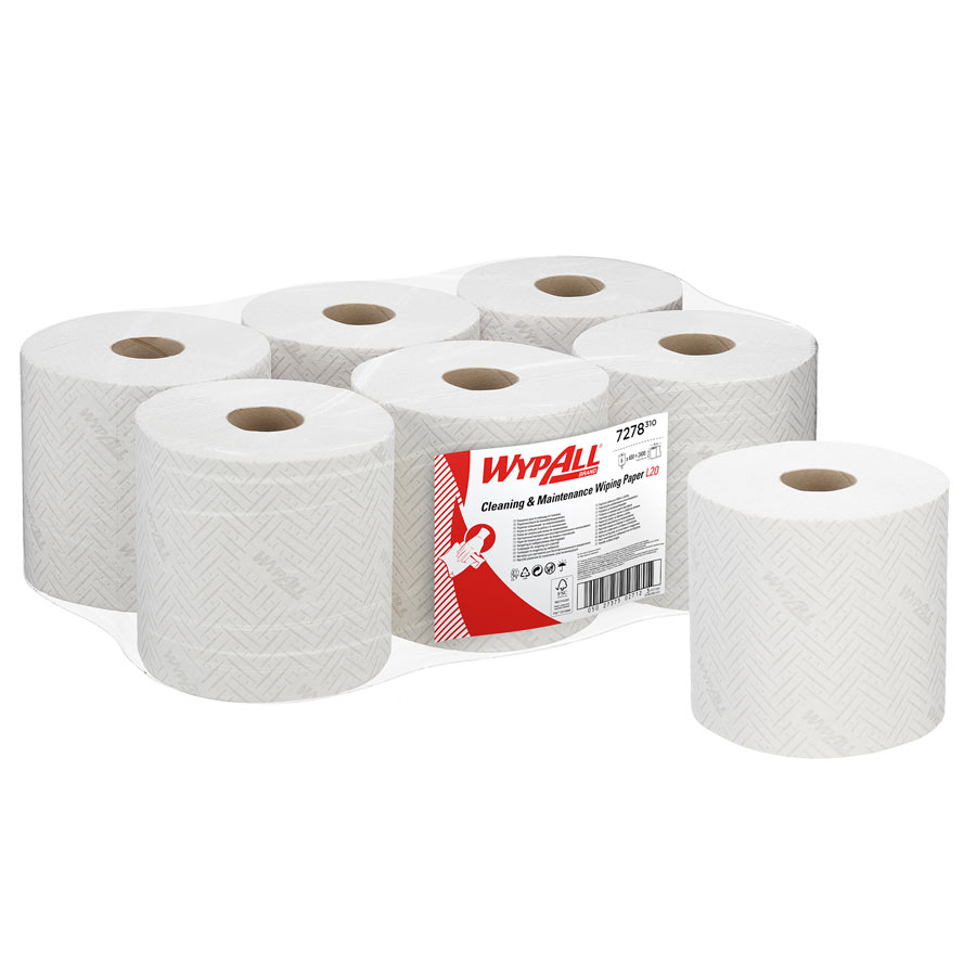 WypAll L20 Cleaning and Maintenance Wiping Paper 7278 - 2 Ply Centrefeed Rolls - 6 Rolls x 400 White Paper Wipers (2,400 Total)