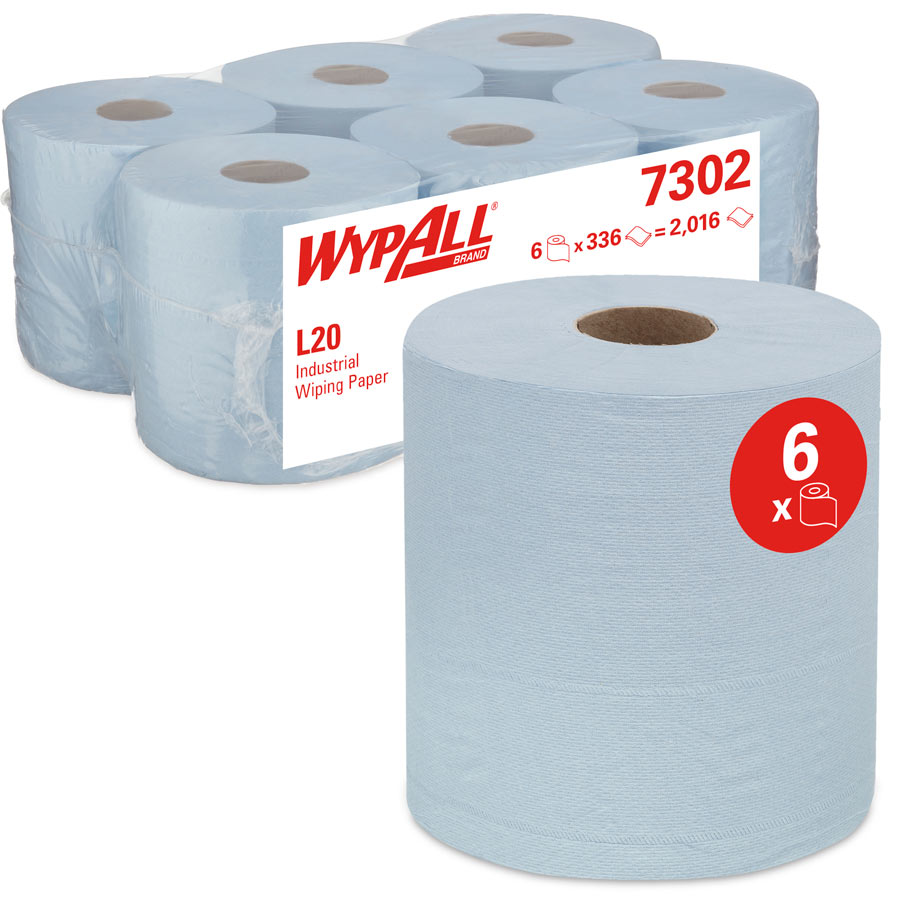 WypAll Industrial Wiping Paper L20 Centrefeed 7302 - 6 rolls x 336 sheets, 2 ply, blue