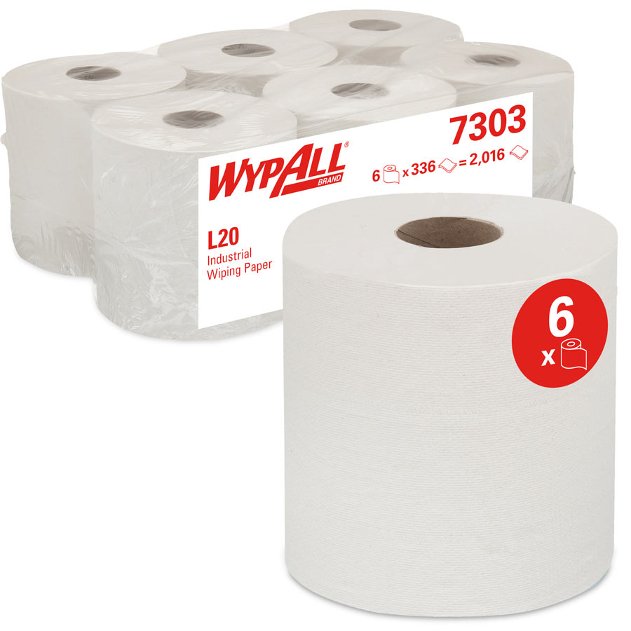 WypAll Industrial Wiping Paper L20 Centrefeed 7303 - 6 rolls x 336 sheets, 2 ply, white