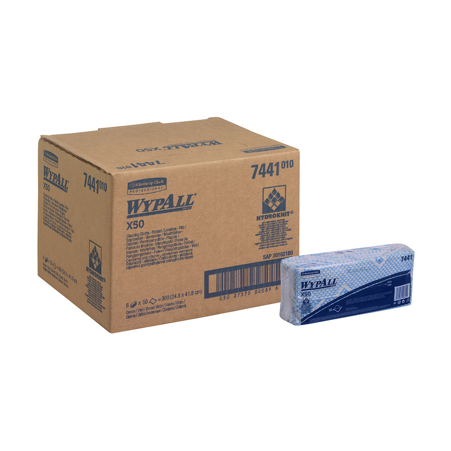 WypAll X50 Colour Coded Cleaning Cloths 7441 - Blue Wiping Cloths - 6 Packs x 50 Interfolded Colour Coded Cloths (300 total)
