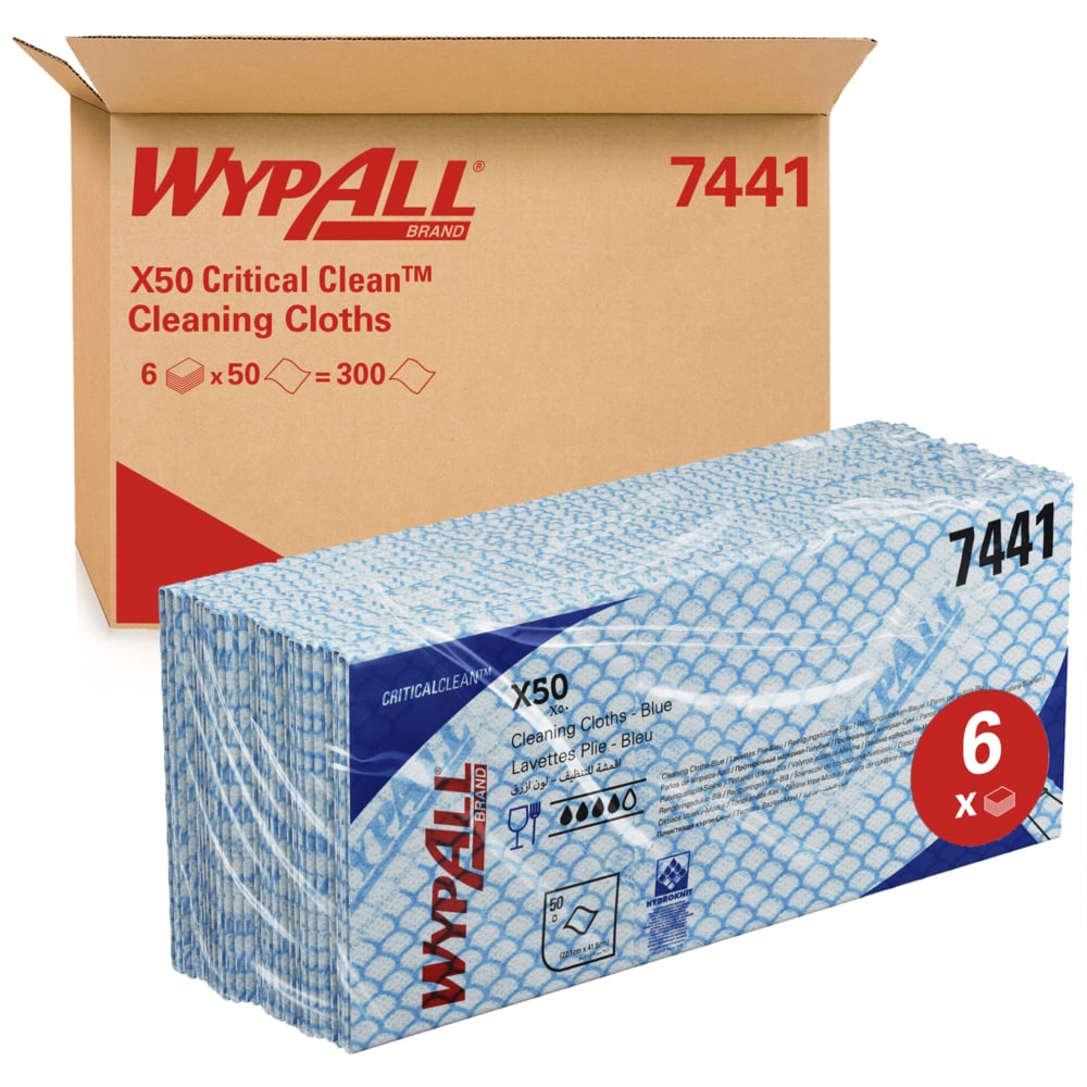 WypAll X50 Colour Coded Cleaning Cloths 7441 - Blue Wiping Cloths - 6 Packs x 50 Interfolded Colour Coded Cloths (300 total)