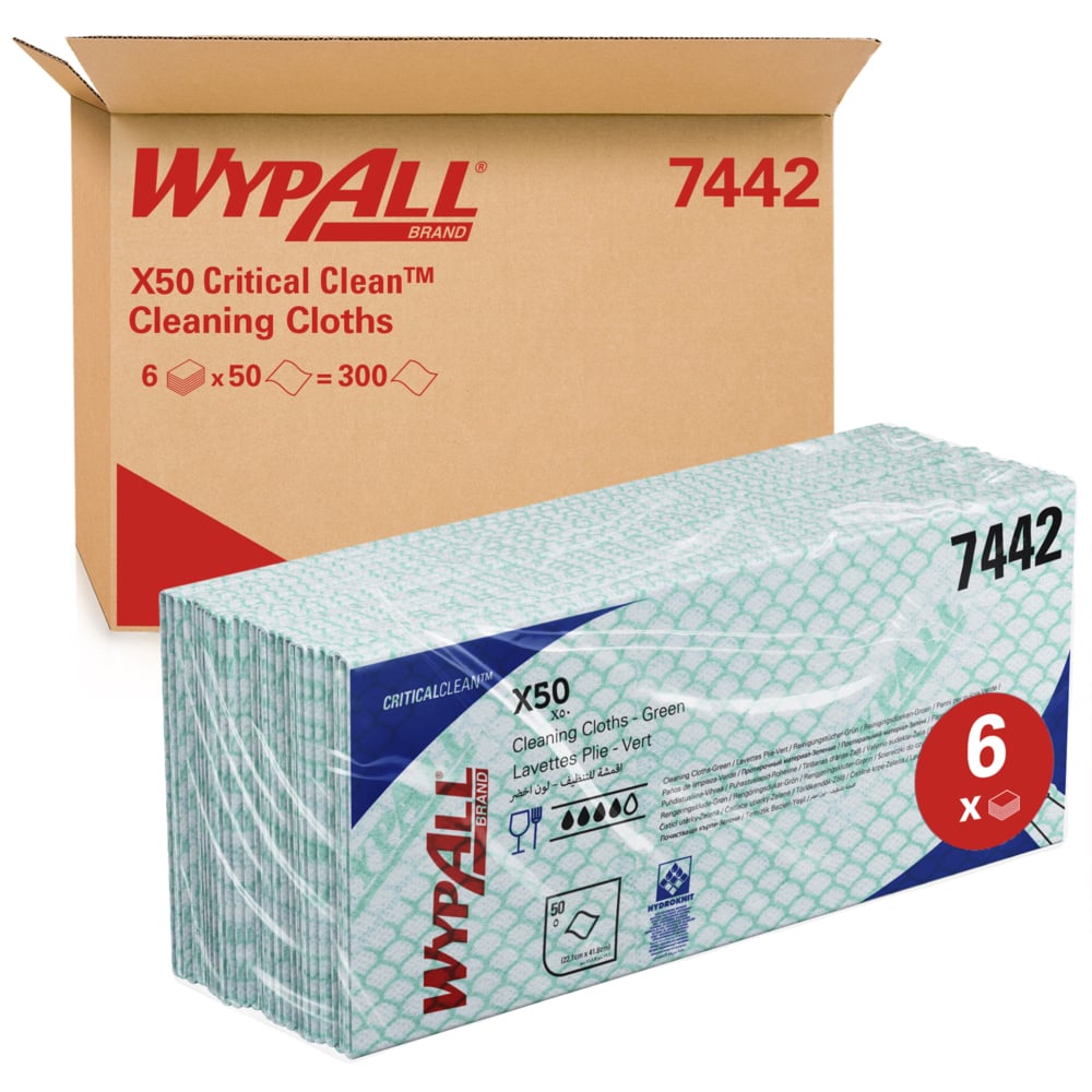 WypAll X50 Colour Coded Cleaning Cloths 7442 - Green Wiping Cloths - 6 Packs x 50 Interfolded Colour Coded Cloths (300 total)