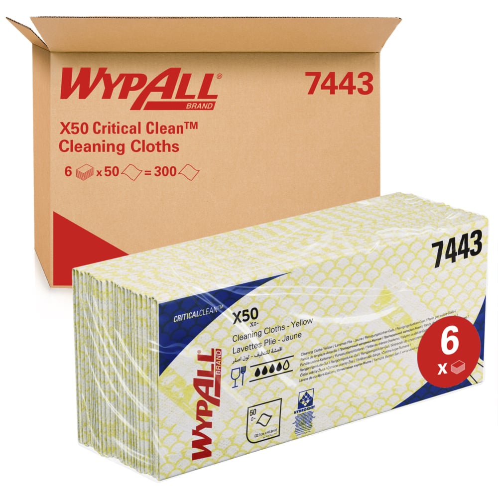 WypAll X50 Colour Coded Cleaning Cloths 7443 - Yellow Wiping Cloths - 6 Packs x 50 Interfolded Colour Coded Cloths (300 total)