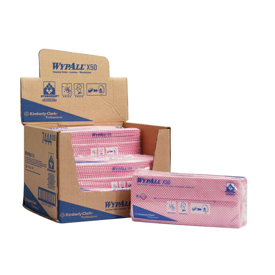 WypAll X50 Colour Coded Cleaning Cloths 7444 - Red Wiping Cloths - 6 Packs x 50 Interfolded Colour Coded Cloths (300 total)