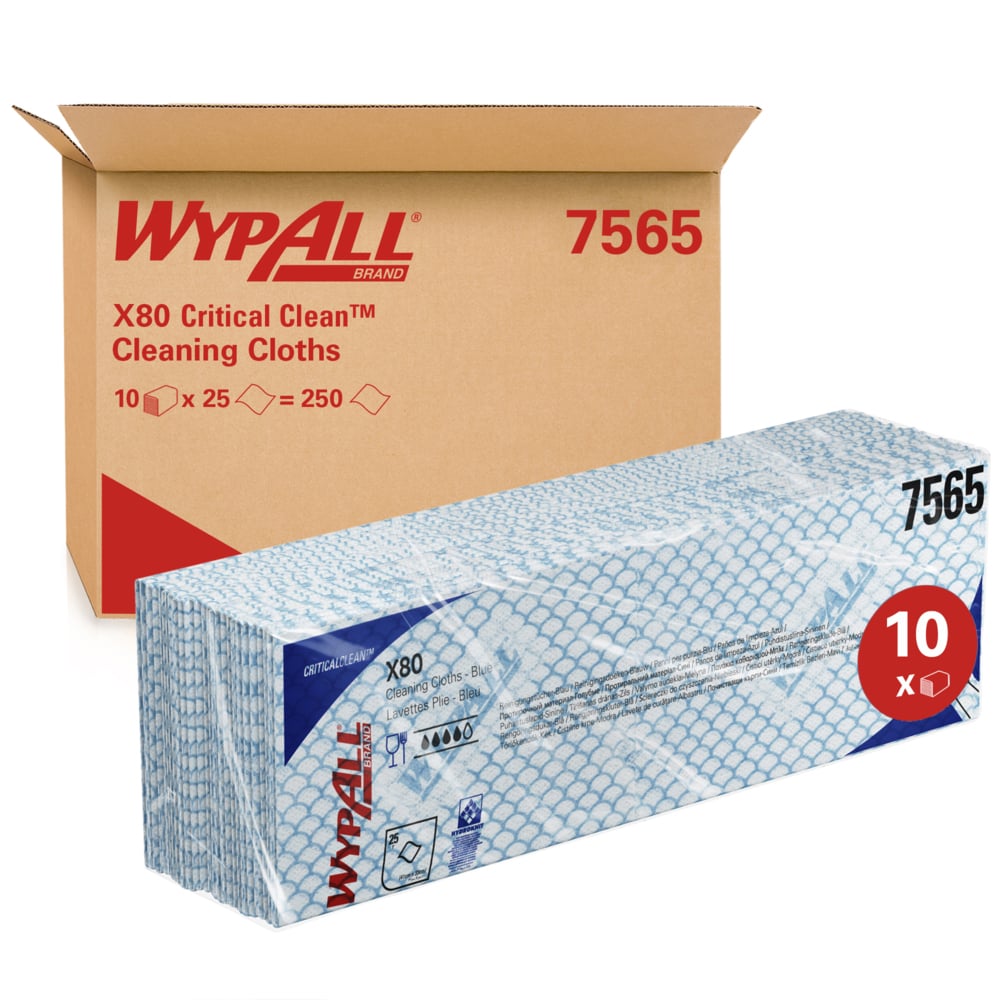 WypAll X80 Colour Coded Cleaning Cloths 7565 - Blue Wiping Cloths - 10 Packs x 25 Heavy Duty Cleaning Wipes (250 total)