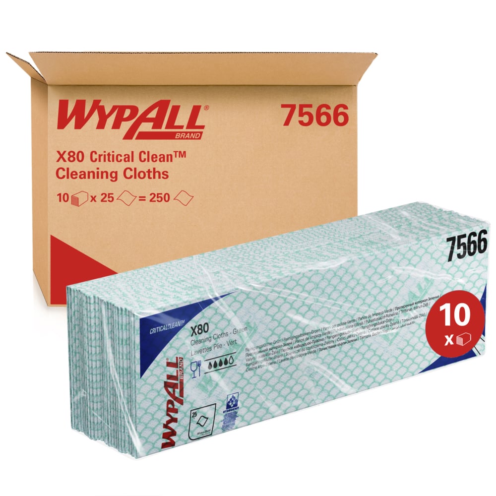 WypAll X80 Colour Coded Cleaning Cloths 7566 - Green Wiping Cloths - 10 Packs x 25 Heavy Duty Cleaning Wipes (250 total)