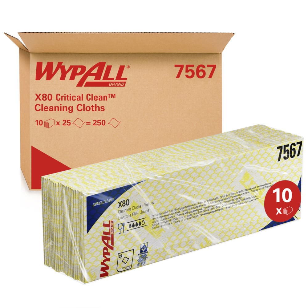 WypAll X80 Colour Coded Cleaning Cloths 7567 - Yellow Wiping Cloths - 10 Packs x 25 Heavy Duty Cleaning Wipes (250 total)