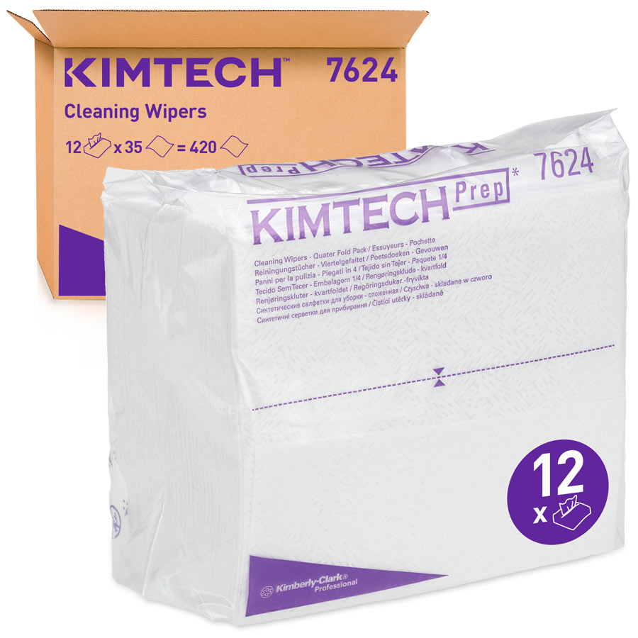 Kimtech Pure Cleaning Wipers 7624 - 35 quarter-folded, white, 1 ply sheets per bag (pack contains 12 bags)