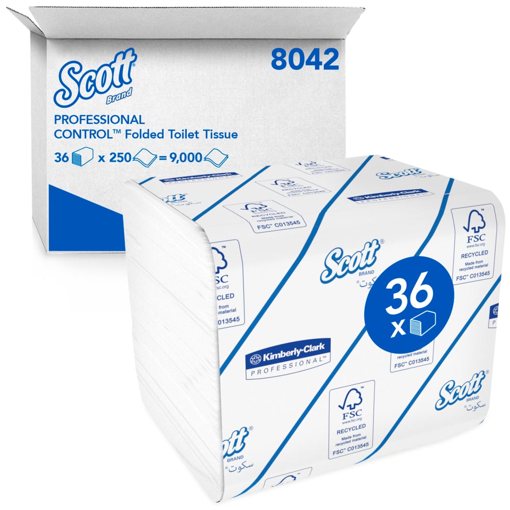 Scott Control Folded Toilet Tissue 8042 - 2 Ply Bulk Toilet Paper - 36 Packs x 250 Toilet Paper Sheets (9,000 Total)