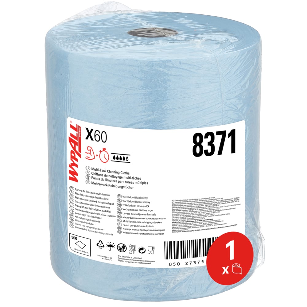 WypAll X60 Large Roll Cloths 8371 - 1 large roll x 500 blue, 1 ply cloths