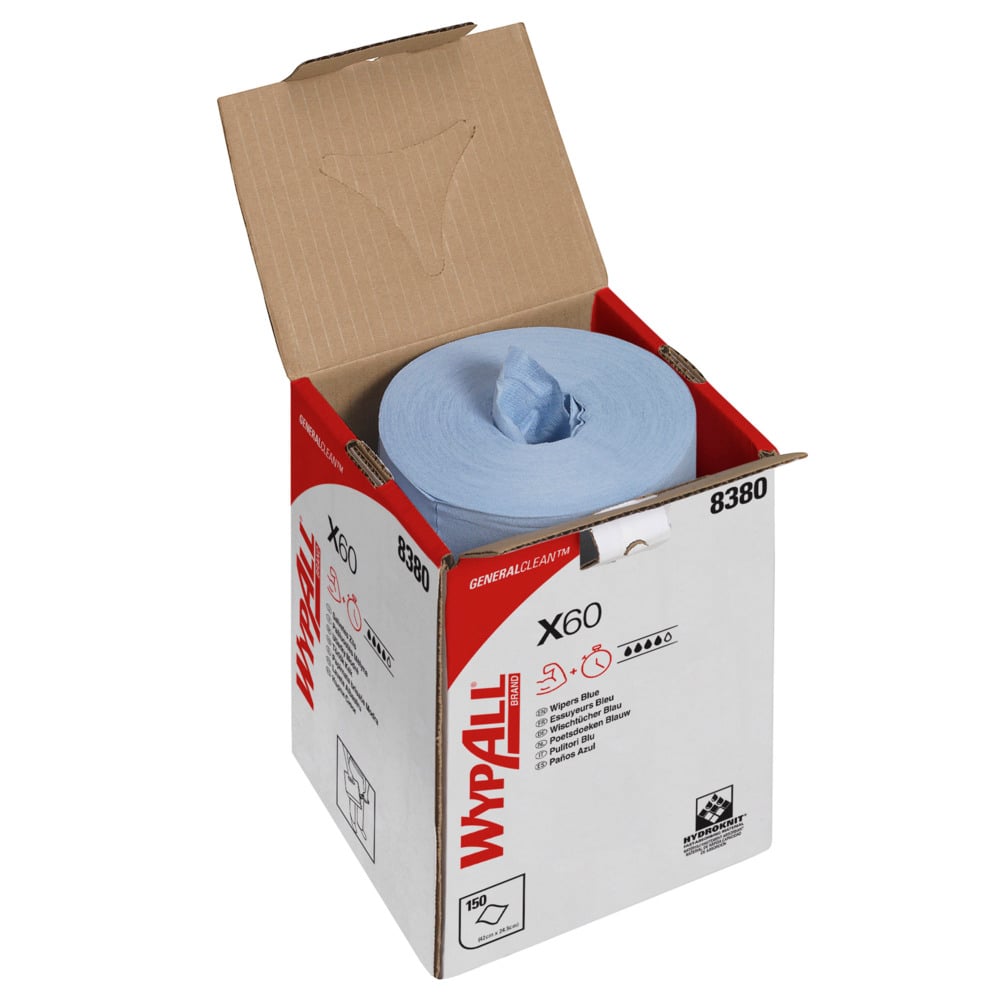 WypAll X60 Cloths 8380 - 1 centrefeed roll x 150 blue, 1 ply cloths