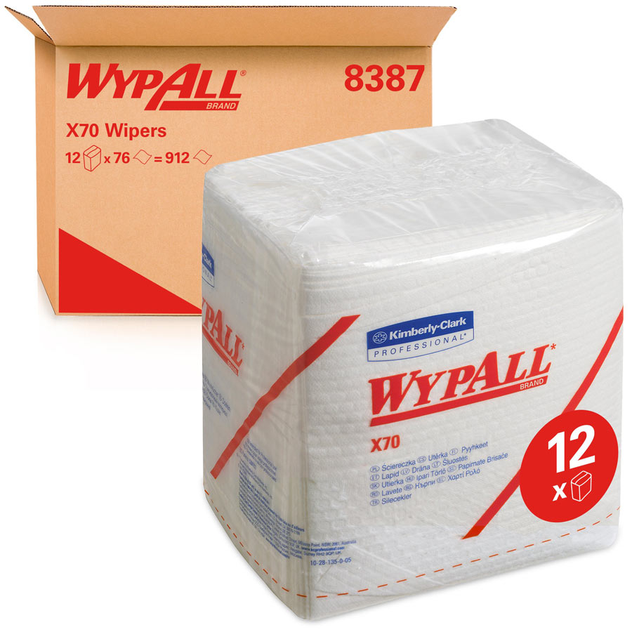 WypAll X70 Cloths 8387 - 12 packs x 76 quarter-fold, white, 1 ply cloths