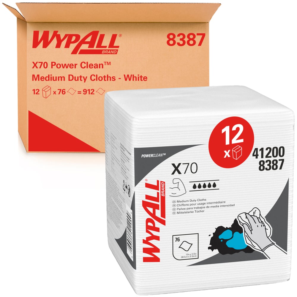 WypAll X70 Cloths 8387 - 12 packs x 76 quarter-fold, white, 1 ply cloths