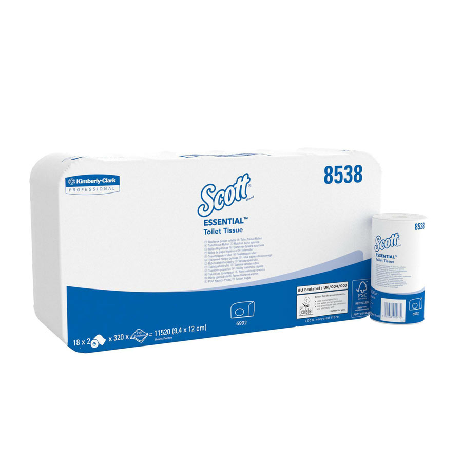 Scott Essential Standard Size Toilet Roll 8538 - 2 Ply Toilet Paper - 36 Rolls x 320 White Toilet Tissue Sheets (11,520 Sheets Total)