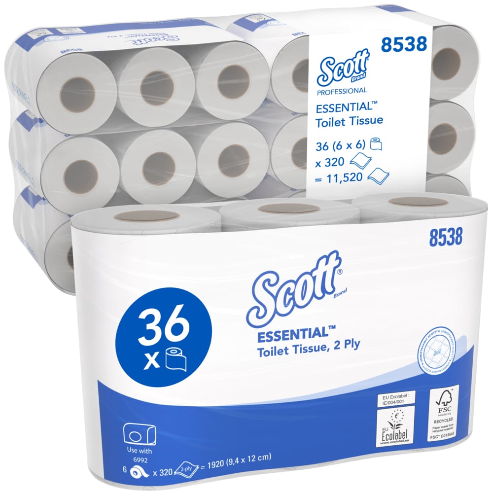 Scott Essential Standard Size Toilet Roll 8538 - 2 Ply Toilet Paper - 36 Rolls x 320 White Toilet Tissue Sheets (11,520 Sheets Total)