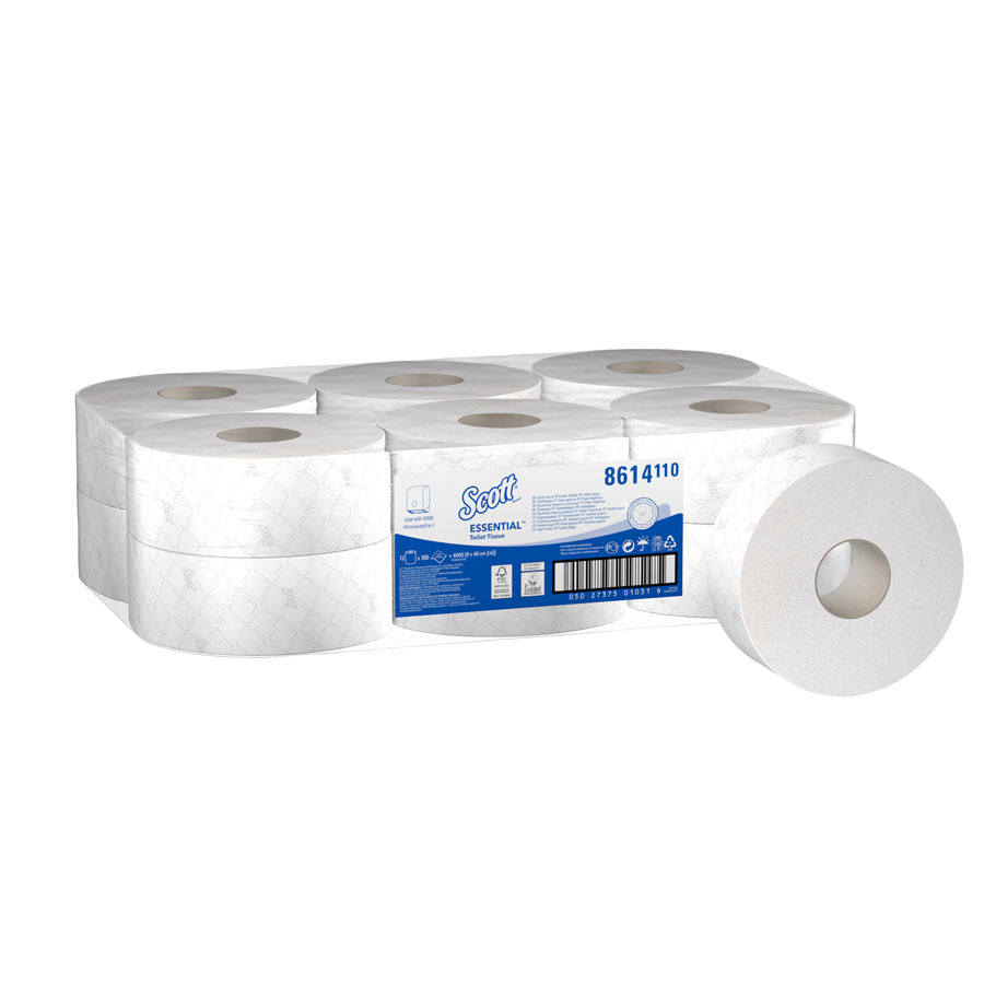 Scott Essential Jumbo Roll Toilet Tissue 8614 - 2 Ply Toilet Paper - 12 Rolls x 500 White Toilet Paper Sheets (2,400m)