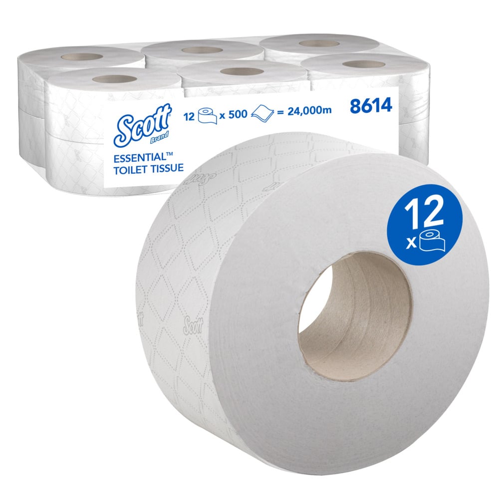 Scott Essential Jumbo Roll Toilet Tissue 8614 - 2 Ply Toilet Paper - 12 Rolls x 500 White Toilet Paper Sheets (2,400m)