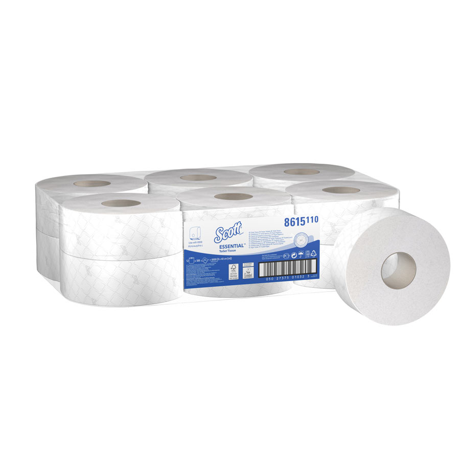 Scott Essential Jumbo Roll Toilet Tissue 8615 - 2 Ply Toilet Paper - 12 Rolls x 500 White Toilet Paper Sheets (2,400m)