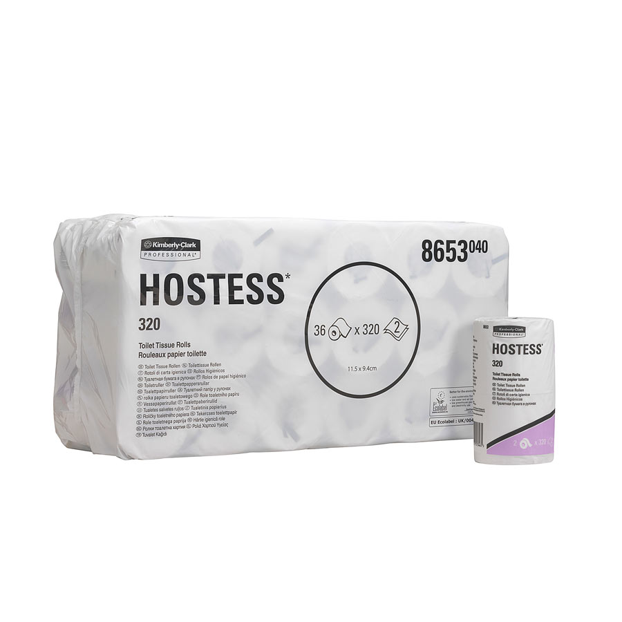 Hostess Standard Roll Toilet Tissue 8653 - 36 rolls x 320 white, 2 ply sheets (11,520 sheets)