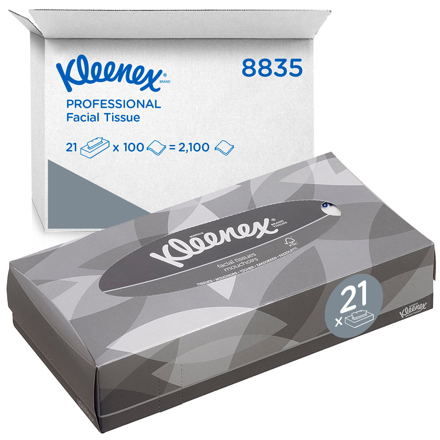 Kleenex Facial Tissues 8835 - 2 Ply Boxed Tissues - 21 Flat Tissue Boxes x 100 White Facial Tissues (2,100 sheets)