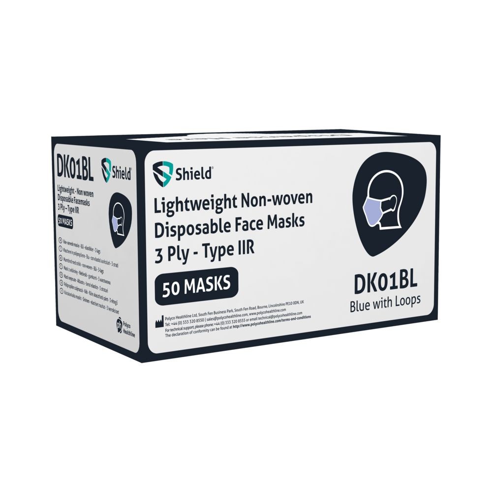 DK01BL | Blue 3-Ply Type IIR Ear Loop Disposable Face Masks – Pack of 50
