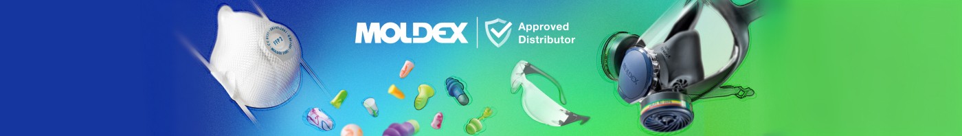 Moldex approved distributor banner showing FFP masks, ear plugs, safety glasses and respirator mask for workplace PPE