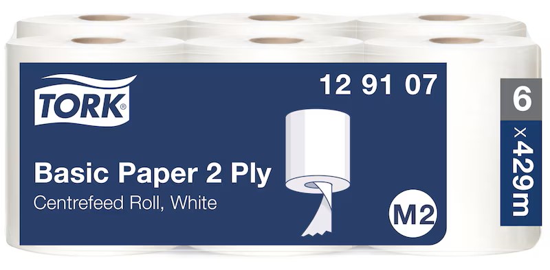 Tork® 129107 Basic Wiping Paper, White, M2 Centrefeed Roll – 2 Ply, 150.15?m, Case of 6