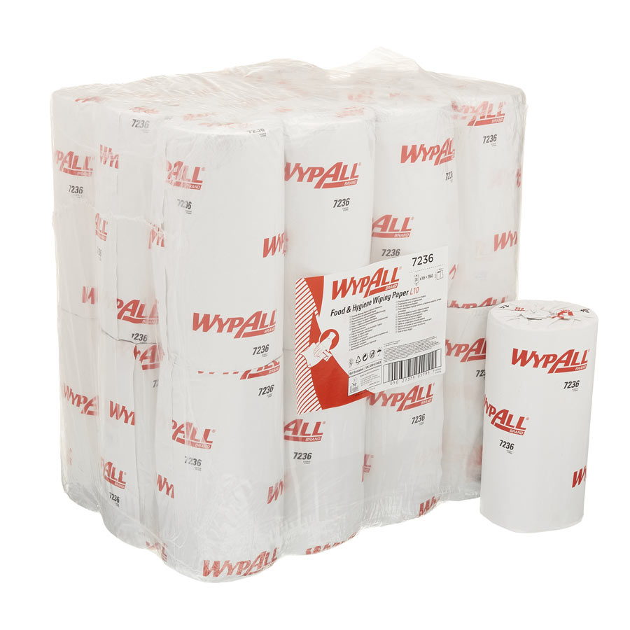 WypAll L10 Food & Hygiene Wiping Paper 7236 - 1 Ply Compact Cleaning Wipes - 24 Rolls x 165 White Paper Wipes (3960 total)